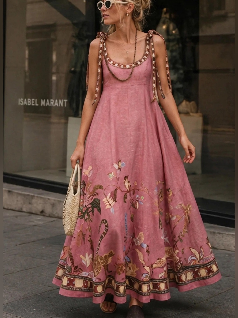 ALÉMAIS Zuri Linen Ballet Midi Sundress Pink Floral Tie-Shoulder size US 2 - Picture 7 of 9
